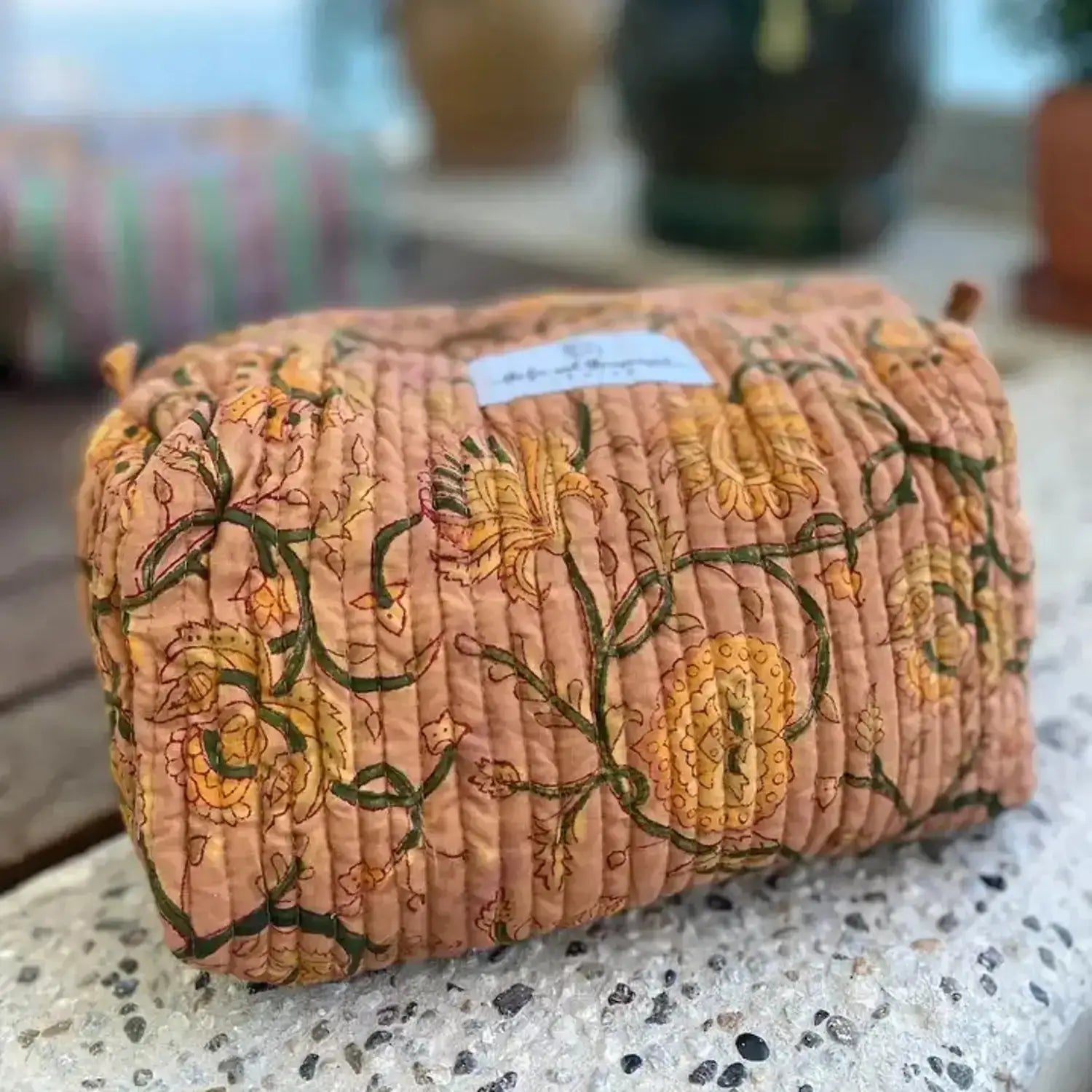 Floral Vine Block Print Toiletry & Cosmetic Bag