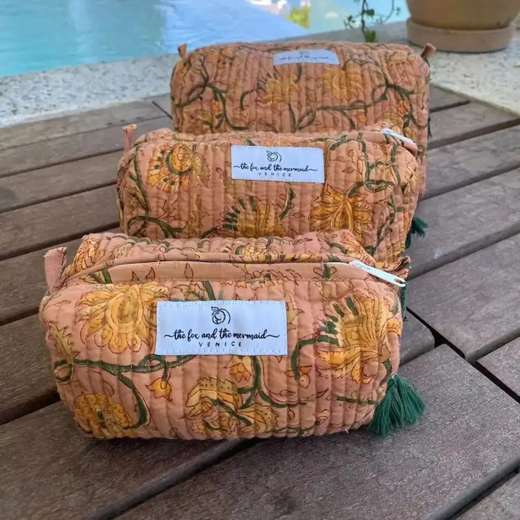 Floral Vine Block Print Toiletry & Cosmetic Bags Set of 3  - The Fox and the Mermaid