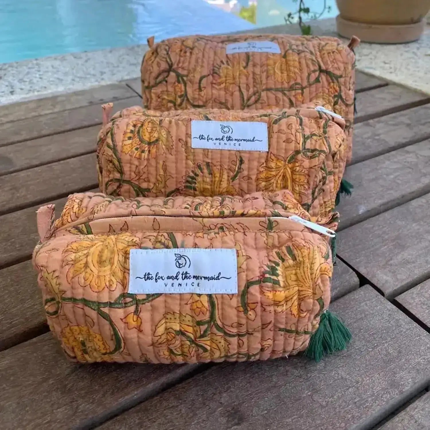Floral Vine Block Print Toiletry & Cosmetic Bags Set of 3  - The Fox and the Mermaid
