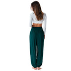 Forest Green Harem Pants with an elastic waistband, offering a relaxed fit for yoga, lounging, stylish boho lounge pants.