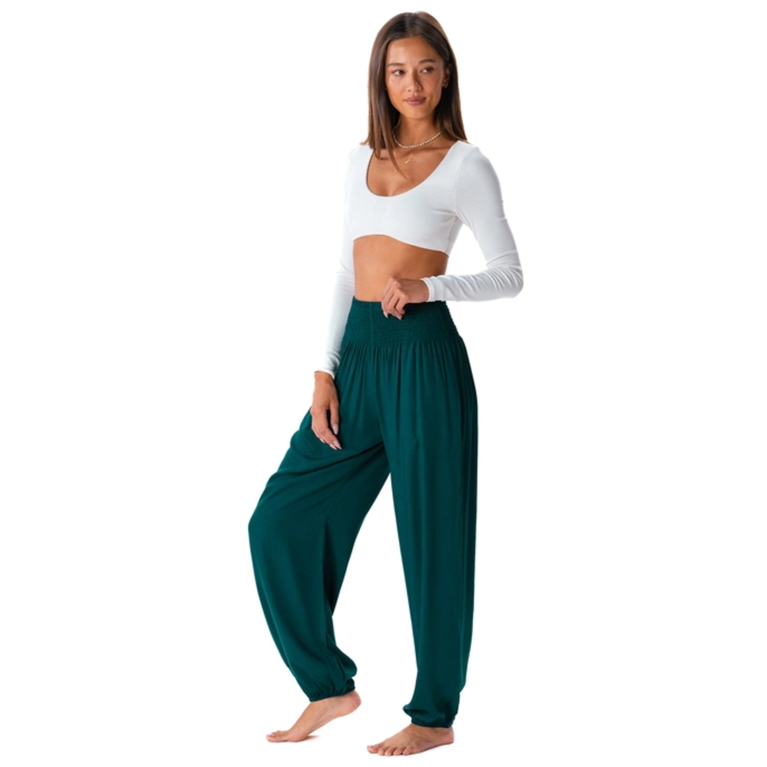 Forest Green Harem Pants with an elastic waistband, offering a relaxed fit for yoga, lounging, or casual wear. Stylish and comfortable boho lounge pants.