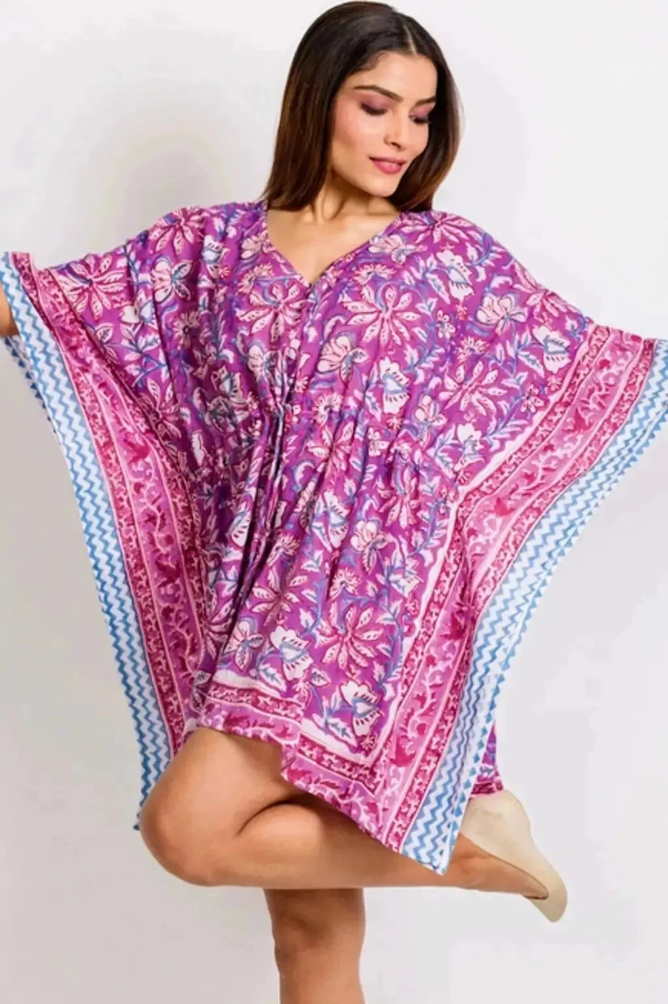 Fuchsia Floral Print Boho Caftan Cover-up