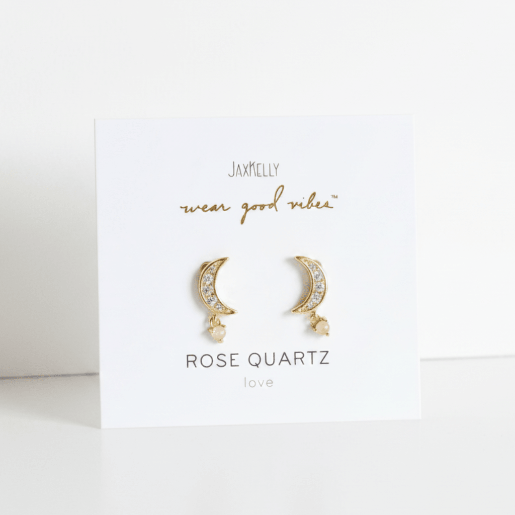 Pink Quartz Gemstones and Yellow Gold Crescent Moon Shaped Earrings by JaxKelly, Bohemian Earrings at Elle and Willow