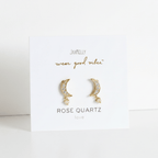 Pink Quartz Gemstones and Yellow Gold Crescent Moon Shaped Earrings by JaxKelly, Bohemian Earrings at Elle and Willow