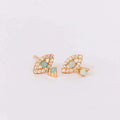 Yellow gold evil eye stud earrings featuring white cz and natural green amazonite stones.