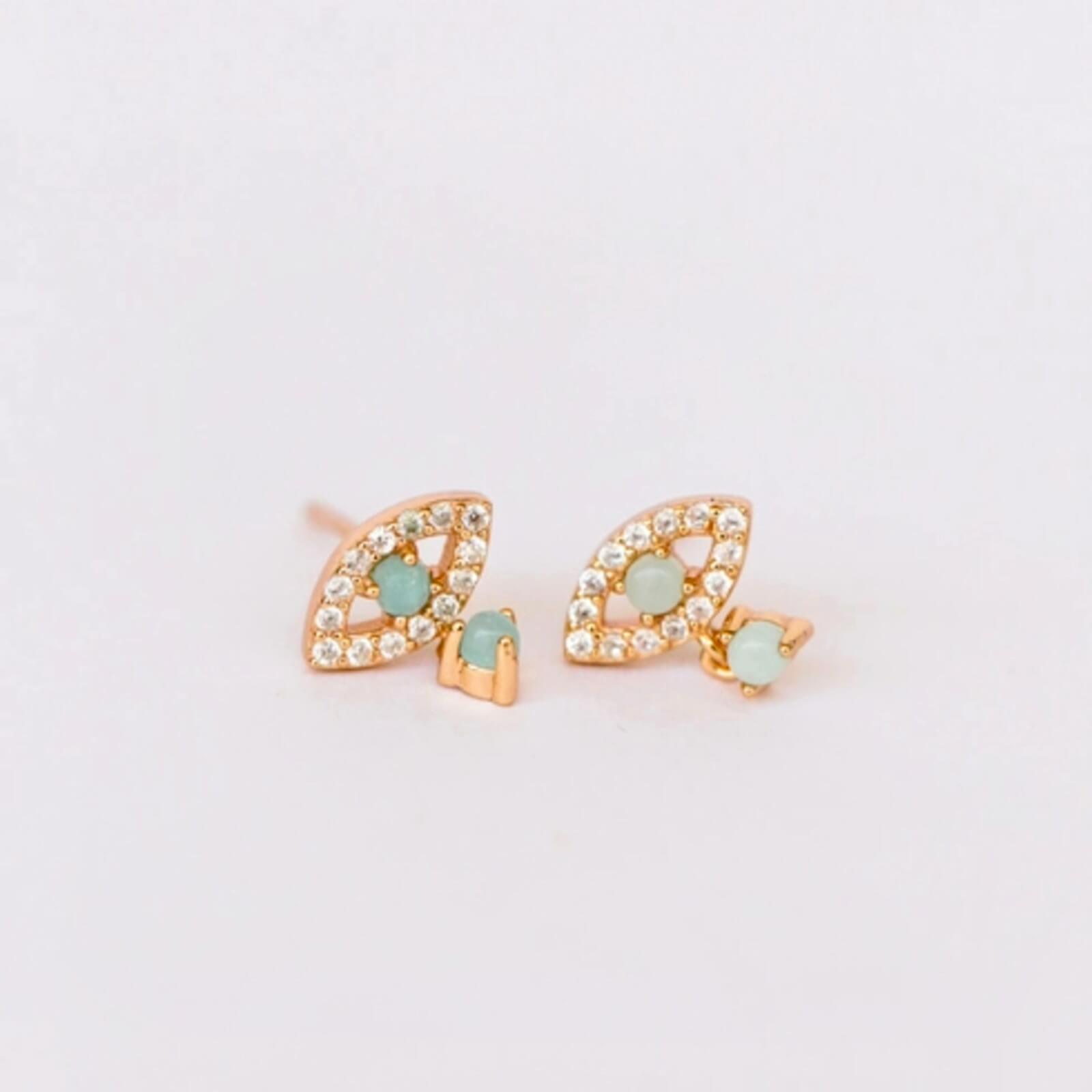 Amazonite & Gold Evil Eye Stud Drop Earrings by Jaxkelly, featuring natural amazonite stones, CZ accents, and hypoallergenic gold-plated design.