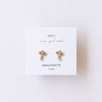 Gold Evil Eye Stud Earrings with white CZ stones and dangling green amazonite gemstones.