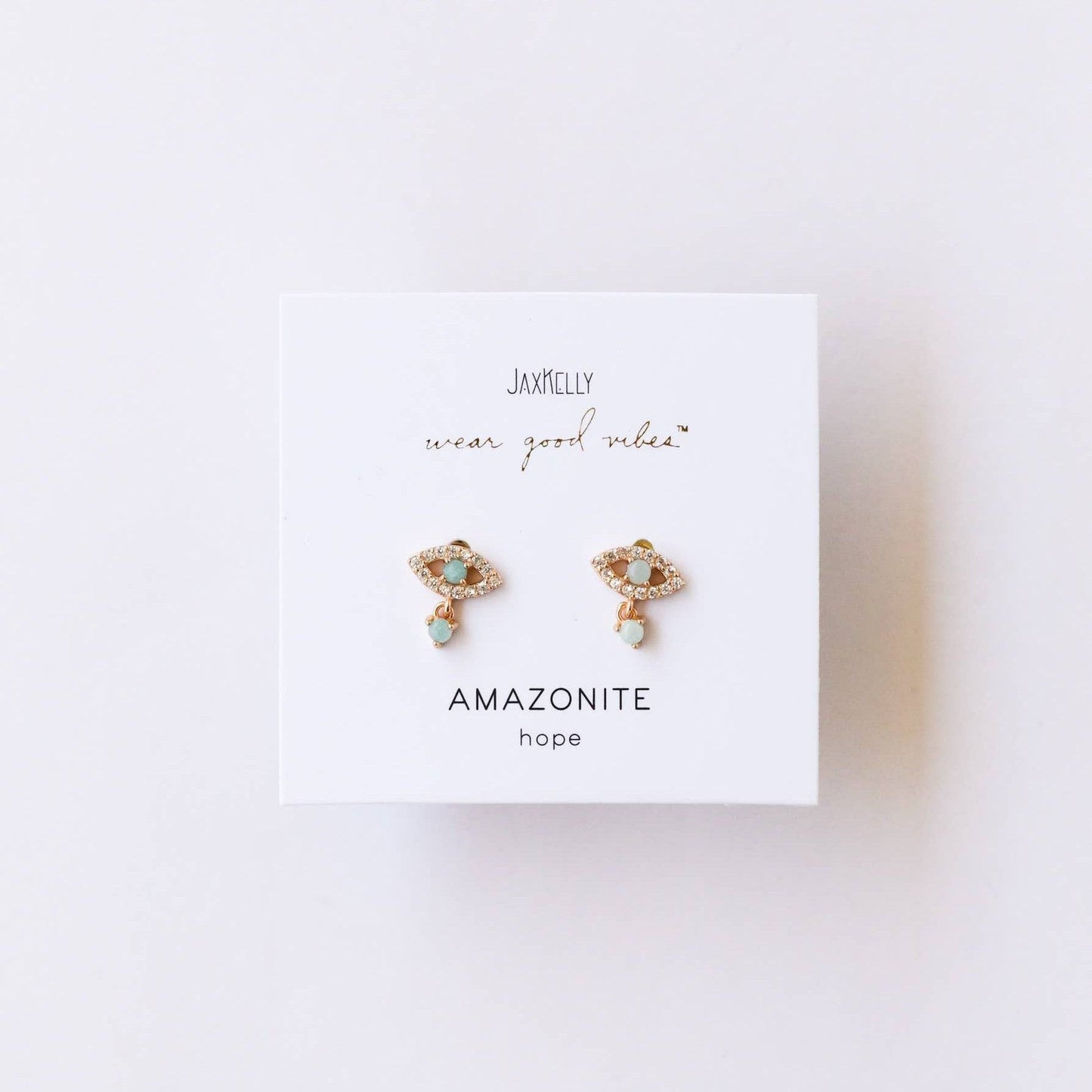 Amazonite & Gold Evil Eye Stud Drop Earrings by Jaxkelly, featuring gold-plated studs with CZ stones and dangling amazonite gems. Hypoallergenic and tarnish-free, perfect for sensitive ears.