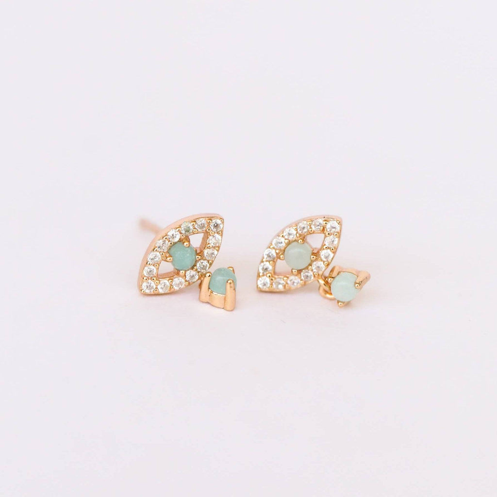 Amazonite & Gold Evil Eye Stud Drop Earrings by Jaxkelly, featuring natural amazonite stones, CZ accents, and hypoallergenic gold-plated design.