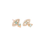 Yellow Gold Evil Eye Stud Drop Earrings by JaxKelly, featuring natural green amazonite stones and white CZ accents.