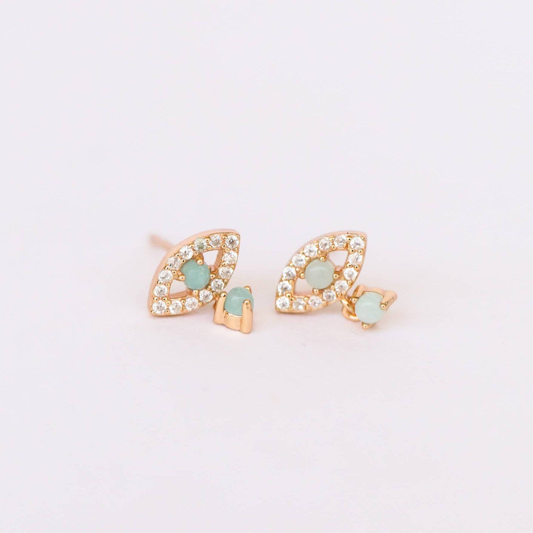 Amazonite & Gold Evil Eye Stud Drop Earrings by Jaxkelly, featuring natural amazonite stones, CZ accents, and hypoallergenic gold-plated design.