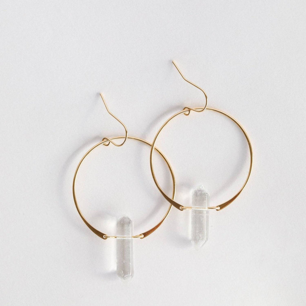 gold boho hoop earrings with clear quartz stones
