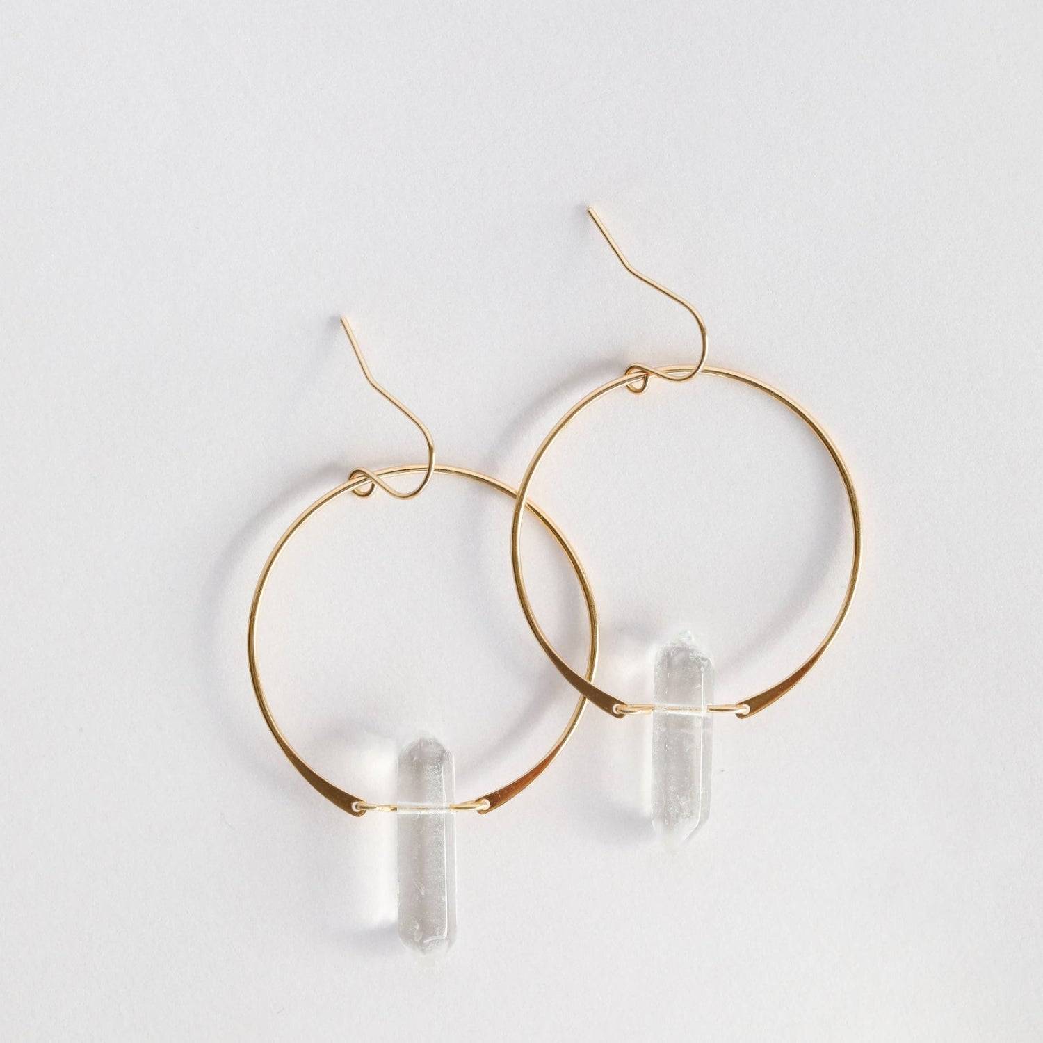 gold boho hoop earrings with clear quartz stones
