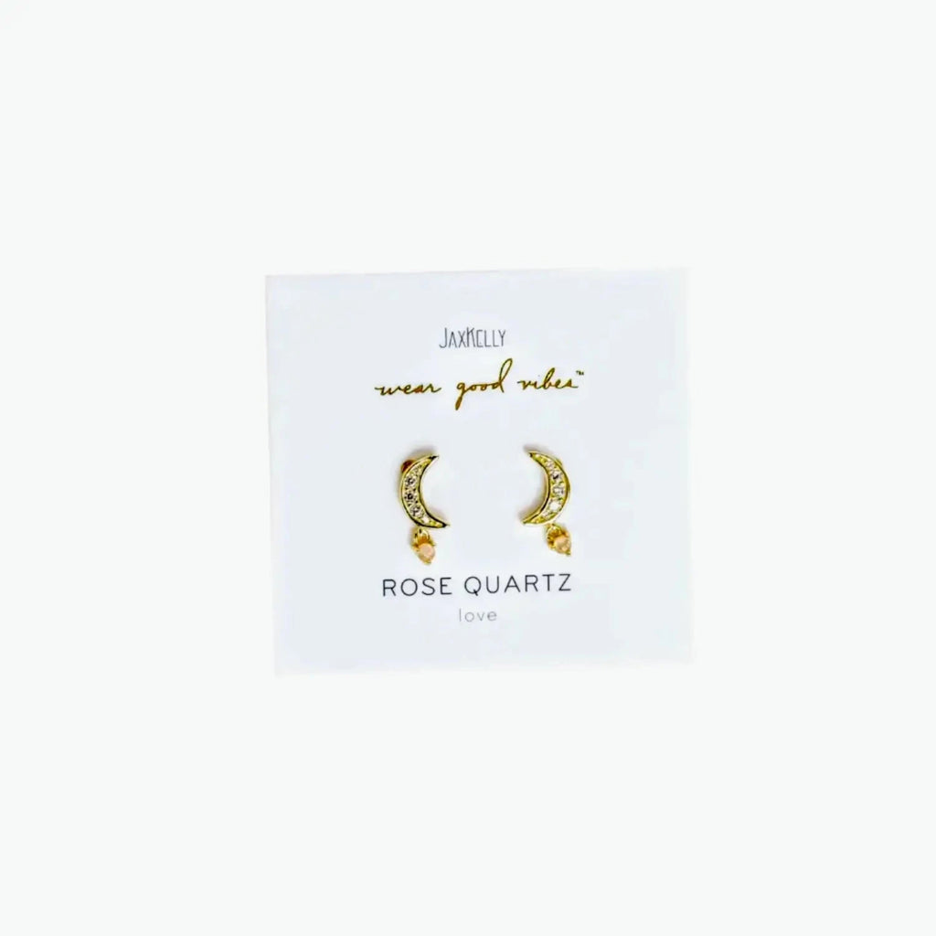 gold crescent moon gemstone drop earrings with rose quartz