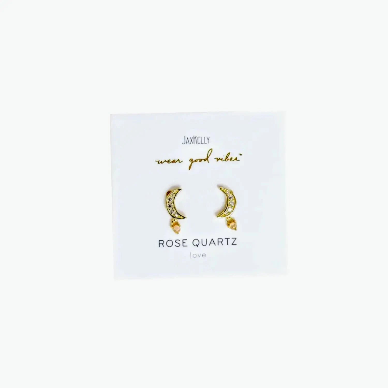 gold crescent moon gemstone drop earrings with rose quartz