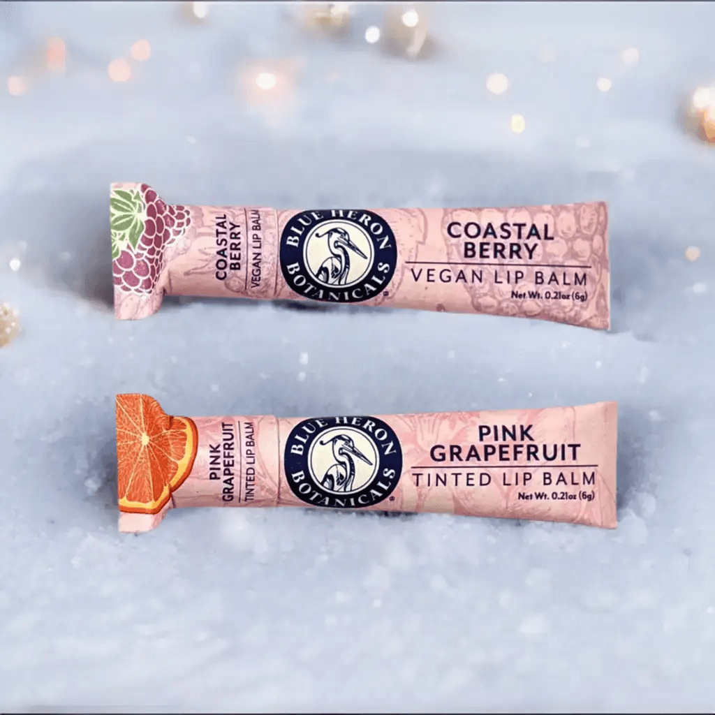 Organic Vegan Lip Balm and Organic Red Tinted Lip Balm Duo for dry lips in Zero Waste Paper Tube from Blue Heron Botanicals