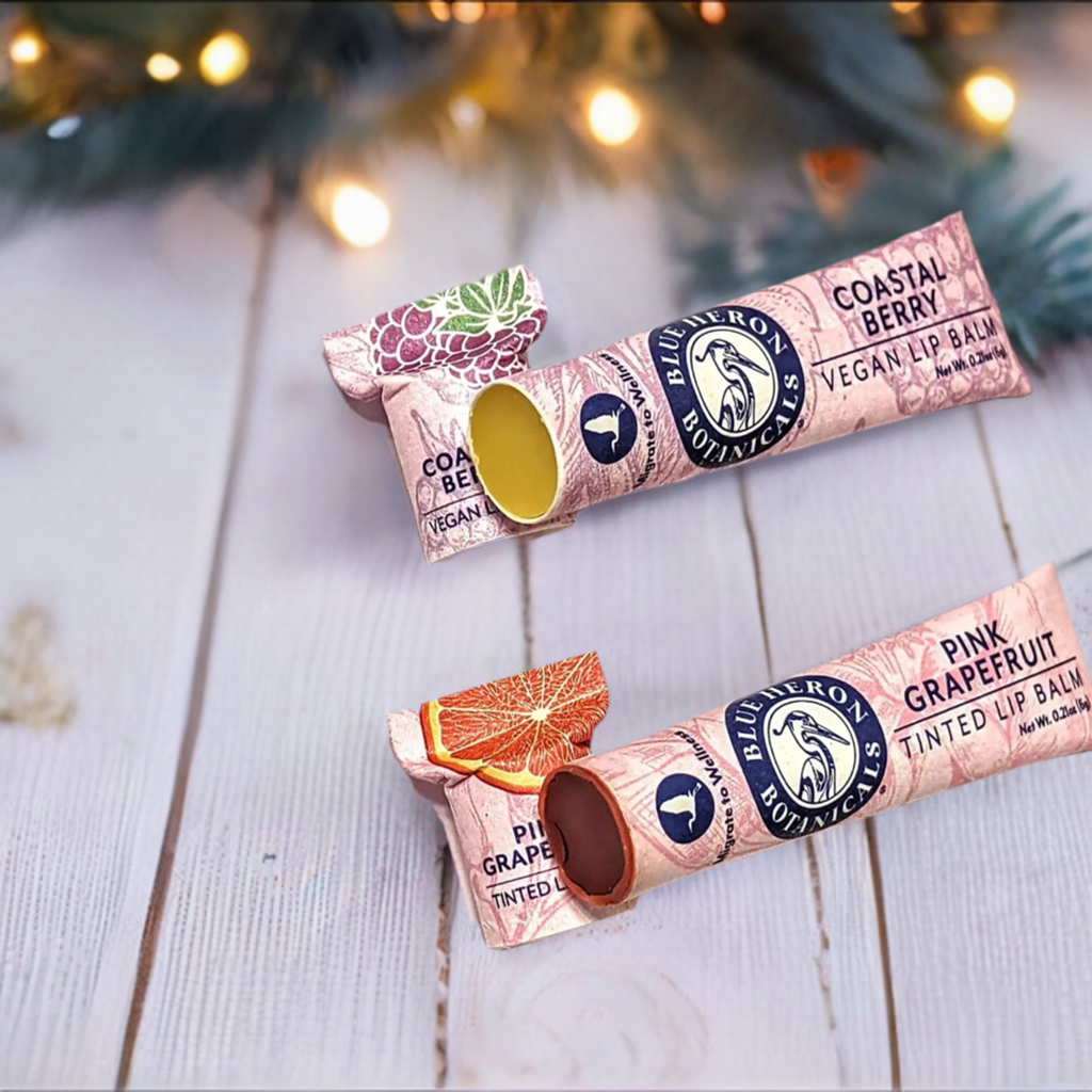 Holiday Gift of Organic Vegan Lip Balm and Organic Red Tinted Lip Balm Duo in Zero Waste Paper Tube from Blue Heron Botanicals