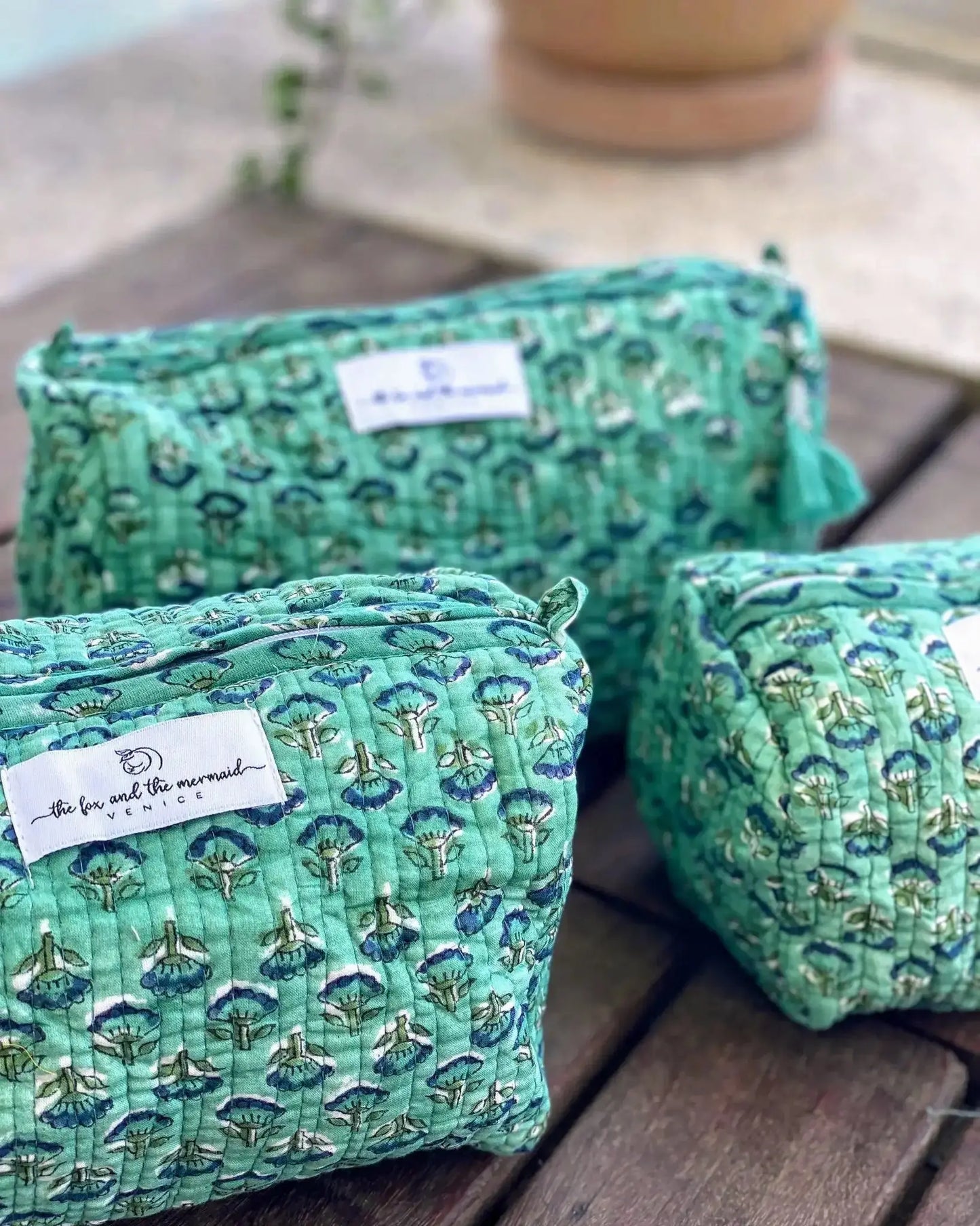 Block Print Cosmetic & Toiletry Bags Set of 3 Green Floral