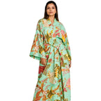 Green floral robe for women, maxi length with long kimono style sleeves, front tie fabric belt and two front pockets.