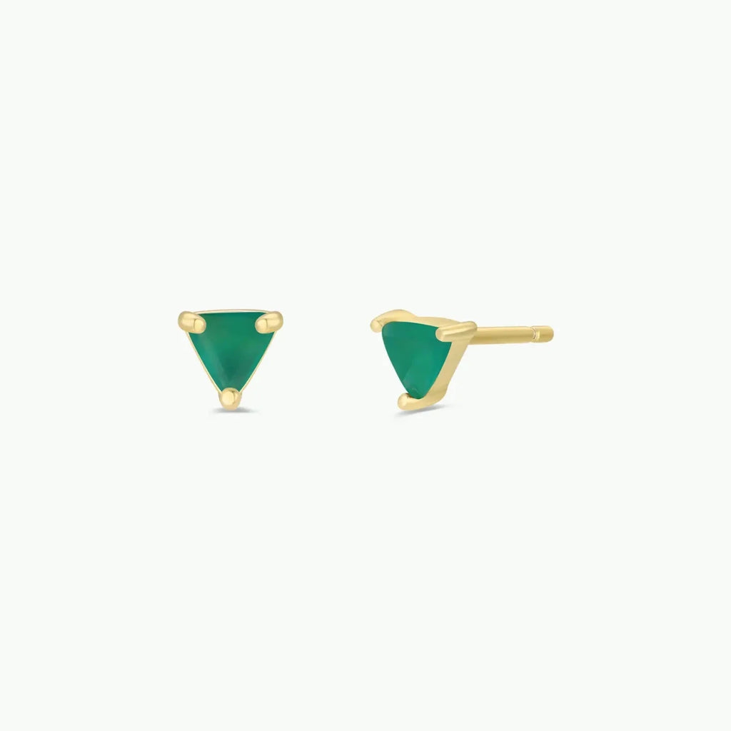 Green Onyx Gemstone Stud Earrings triangle earrings with gold accents on a white background