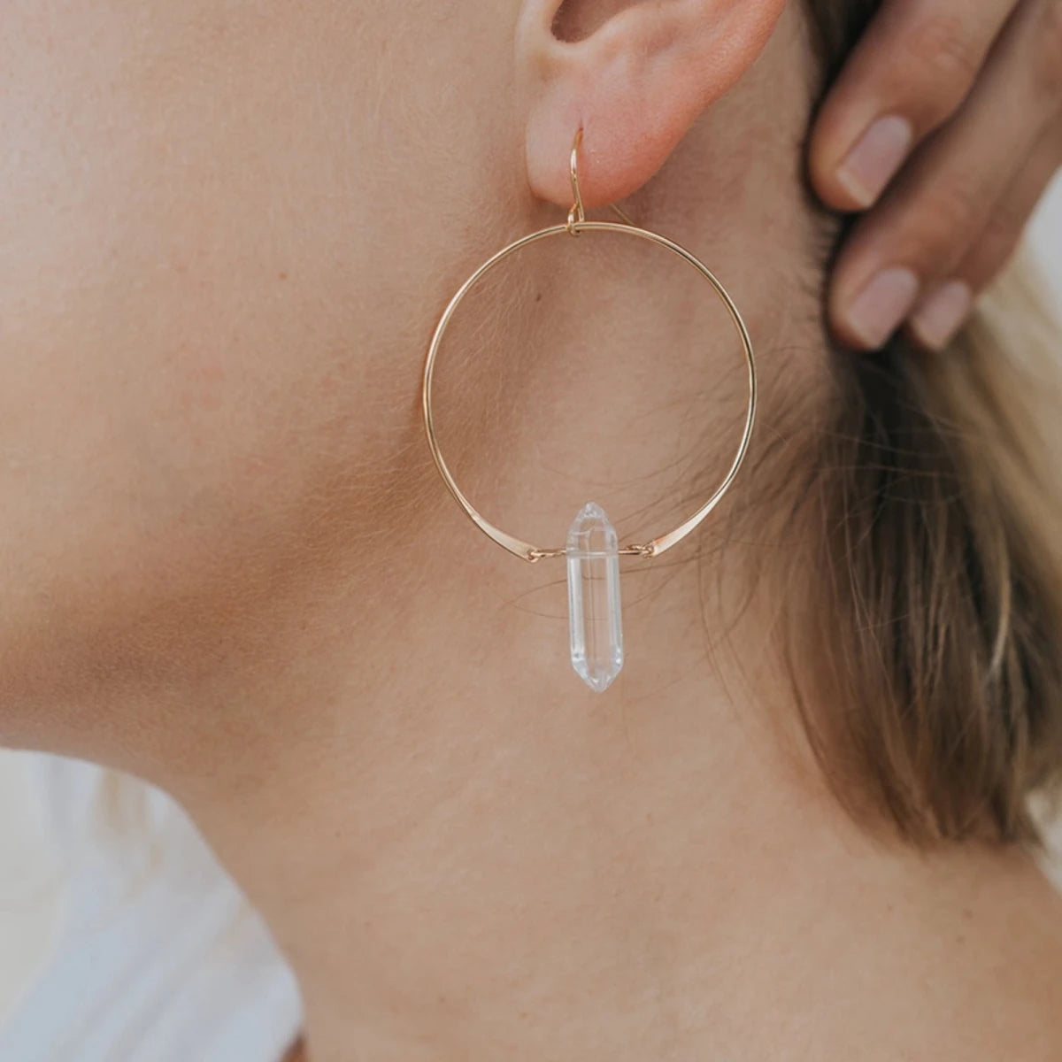 Handmade Gold Boho Hoop Earrings with Clear Quartz, Gemstone Hoop Earrings by JaxKelly Bohemian Jewelry at Elle and Willow