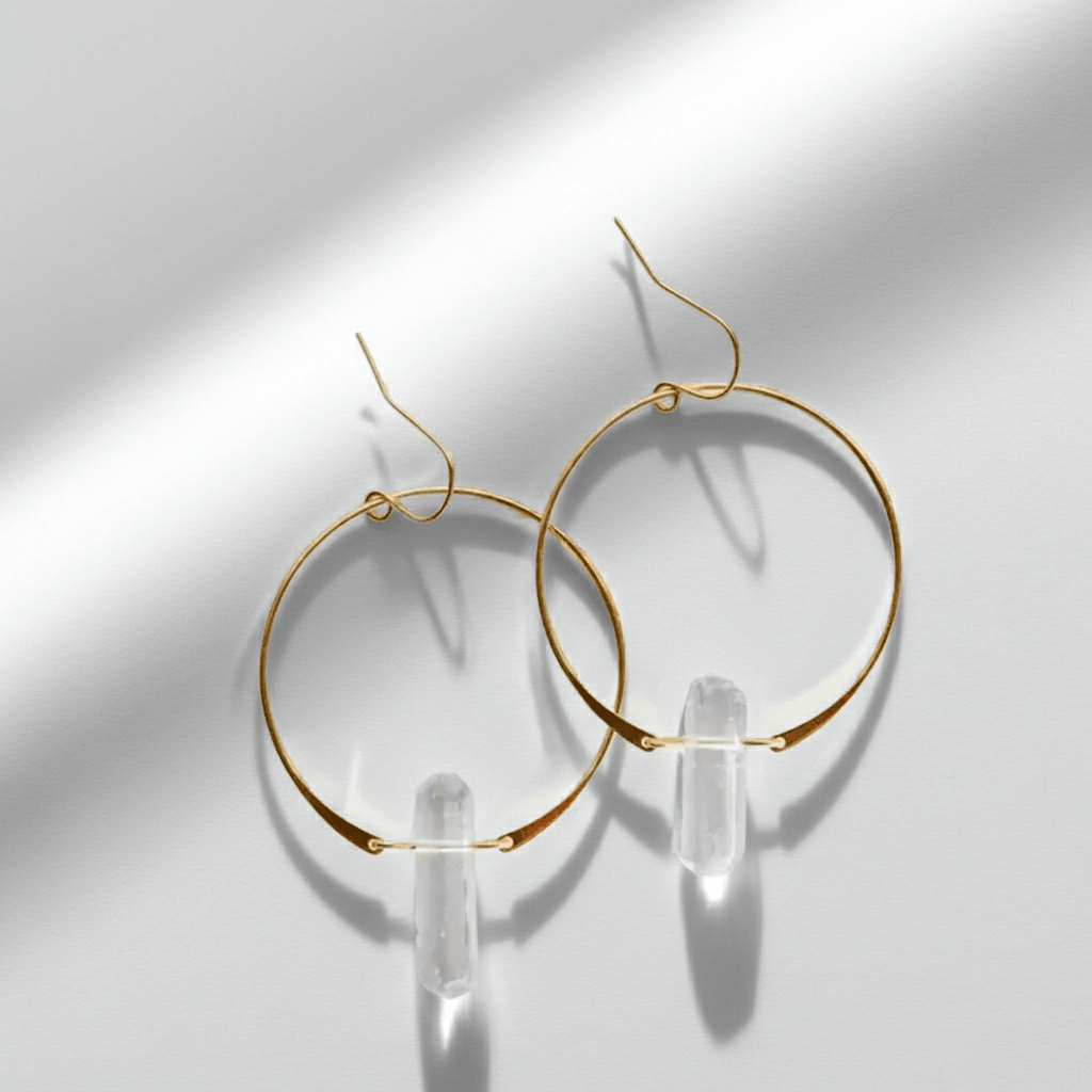 Handmade Gold Boho Hoop Earrings with Clear Quartz, Gemstone Hoop Earrings by JaxKelly Bohemian Jewelry at Elle and Willow