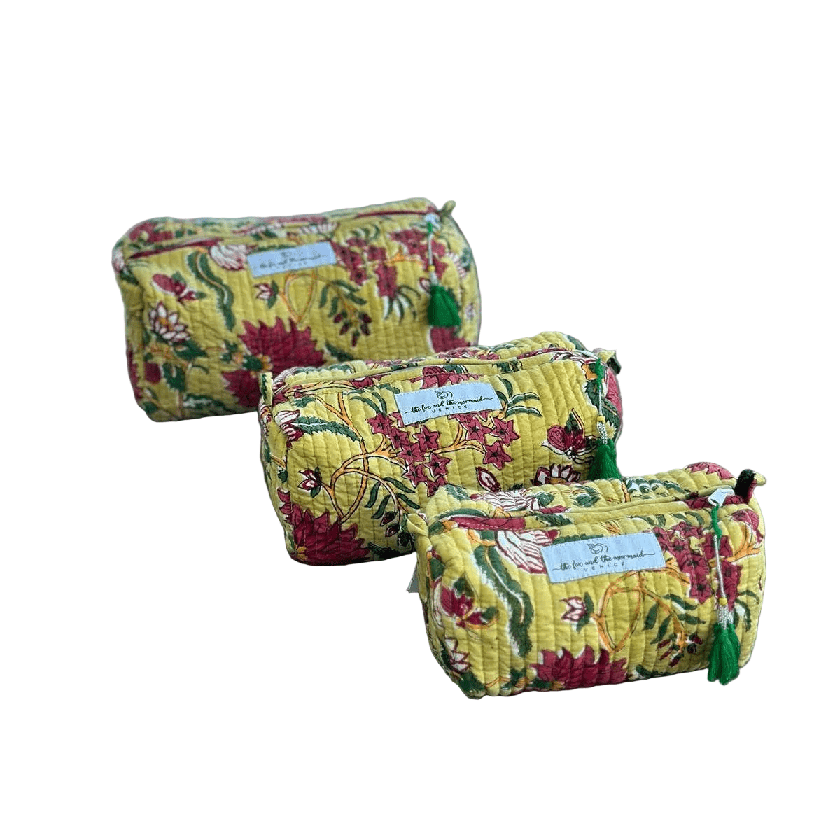 The Fox and The Mermaid - Handmade Toiletry and Cosmetic Bags Set - Yellow Floral Block Printed Travel Trio - Toiletry Bags - Elle and Willow
