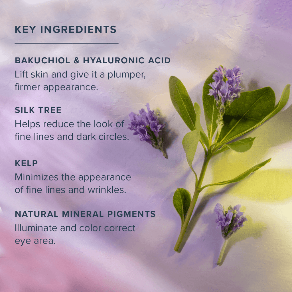 Key ingredients of Aura Glow Eye Cream include Bakuchiol, Hyaluronic Acid, Silk Tree, and Kelp for firming and brightening.