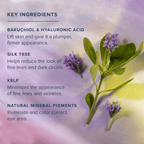 Key ingredients of Aura Glow Eye Cream include Bakuchiol, Hyaluronic Acid, Silk Tree, and Kelp for firming and brightening.