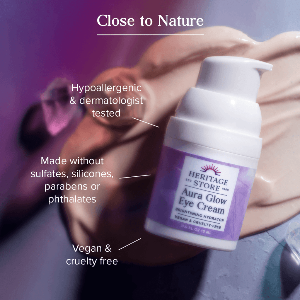 Aura Glow Eye Cream labeled hypoallergenic, vegan, cruelty-free, and free from sulfates, silicones, parabens, and phthalates.
