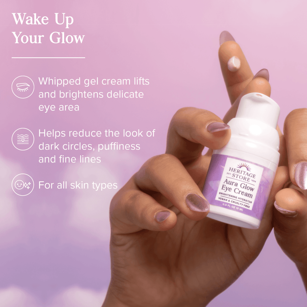 Woman holding Aura Glow Brightening Eye Cream highlighting benefits like reducing puffiness, dark circles, and fine lines.