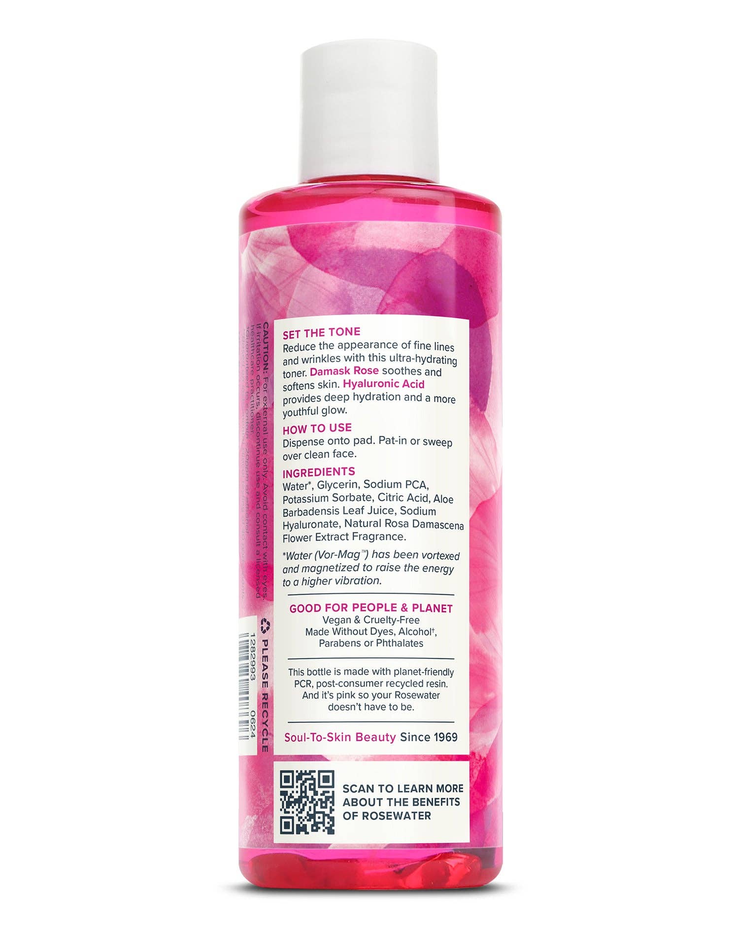 Back label of Heritage Store Rosewater Toner Mini with ingredients and usage instructions for glowing skin. Ideal for natural skincare routines.