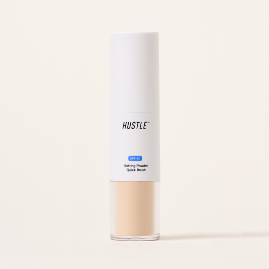 Setting powder container with 'HUSTLE' branding on a white background