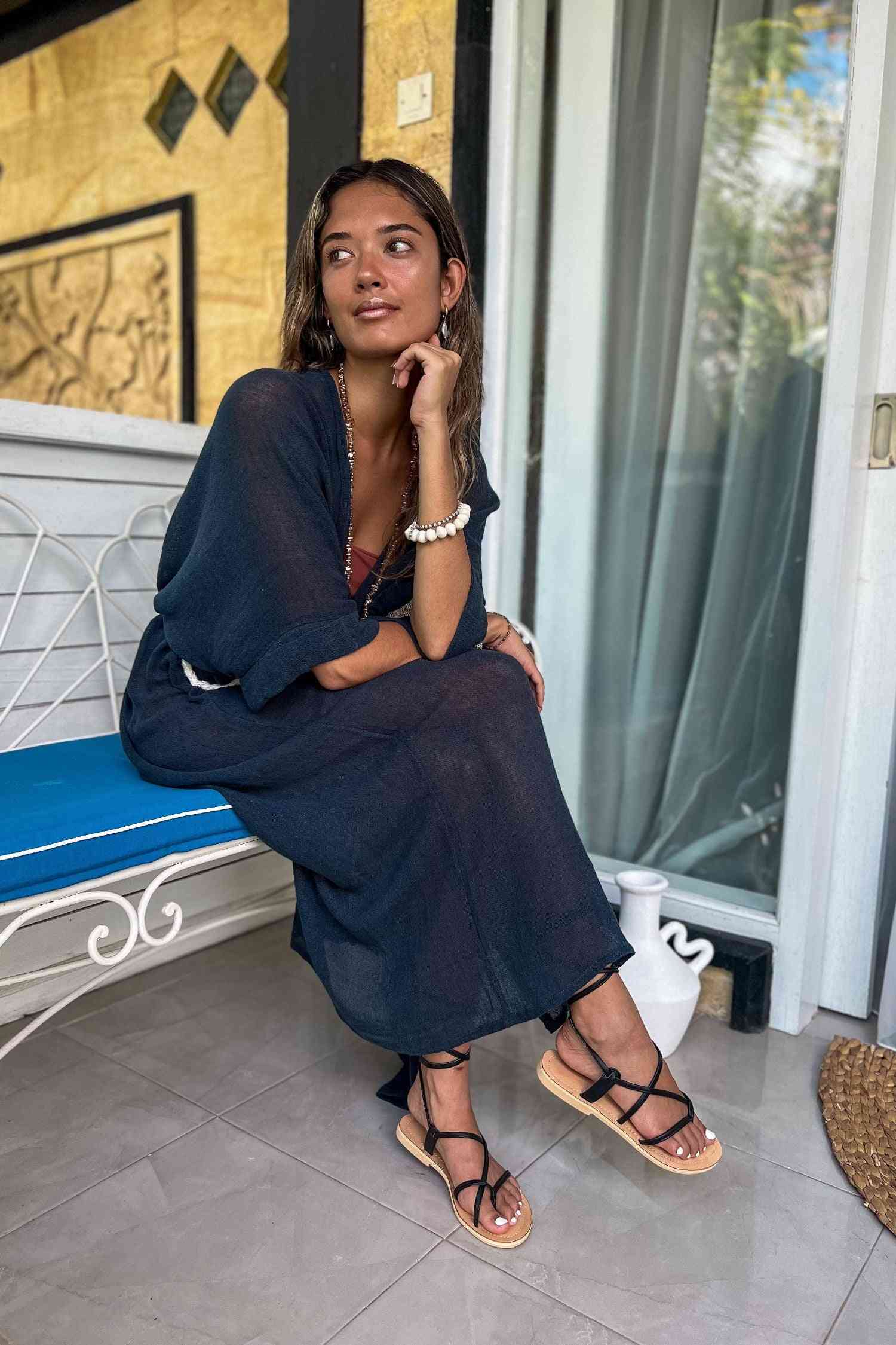 Indigo Blue Long Kimono Duster in breathable ramie cotton styled with macrame belt. Lightweight boho cardigan perfect for warm weather layering.