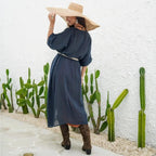 indigo blue long kimono duster in ramie cotton fabric with ivory macrame belt