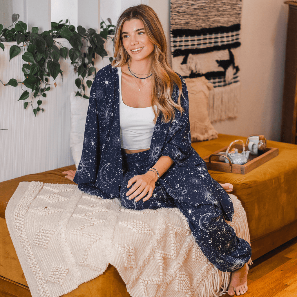 Lotus and Luna - Indigo Cosmic Sky Kimono Cover Up - Bohemian Layering Piece - Elle and Willow - Kimono Cover up