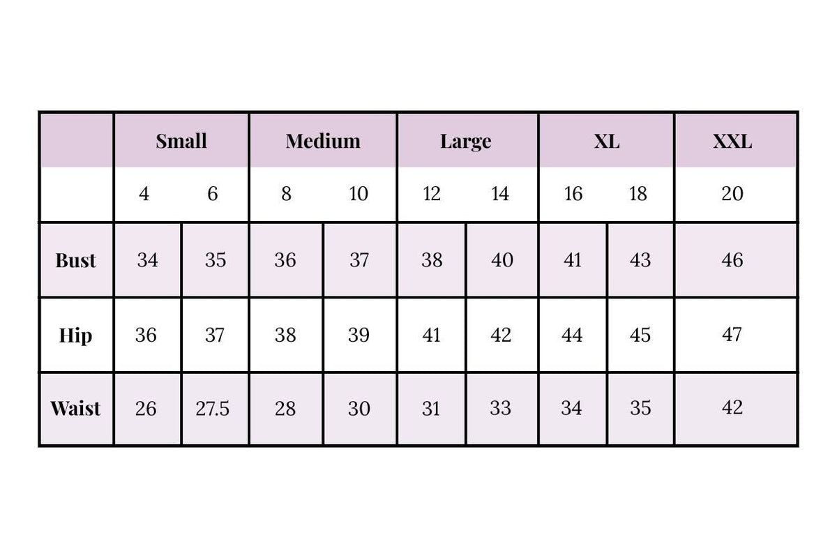 Sevya Handmade Women's Measurement chart for bust, hip, and waist sizes in Small, Medium, Large, XL, and XXL categories.