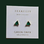 a pair of triangle shaped green onyx gemstone stud earrings set in yellow gold on a JaxKelly jewelry card