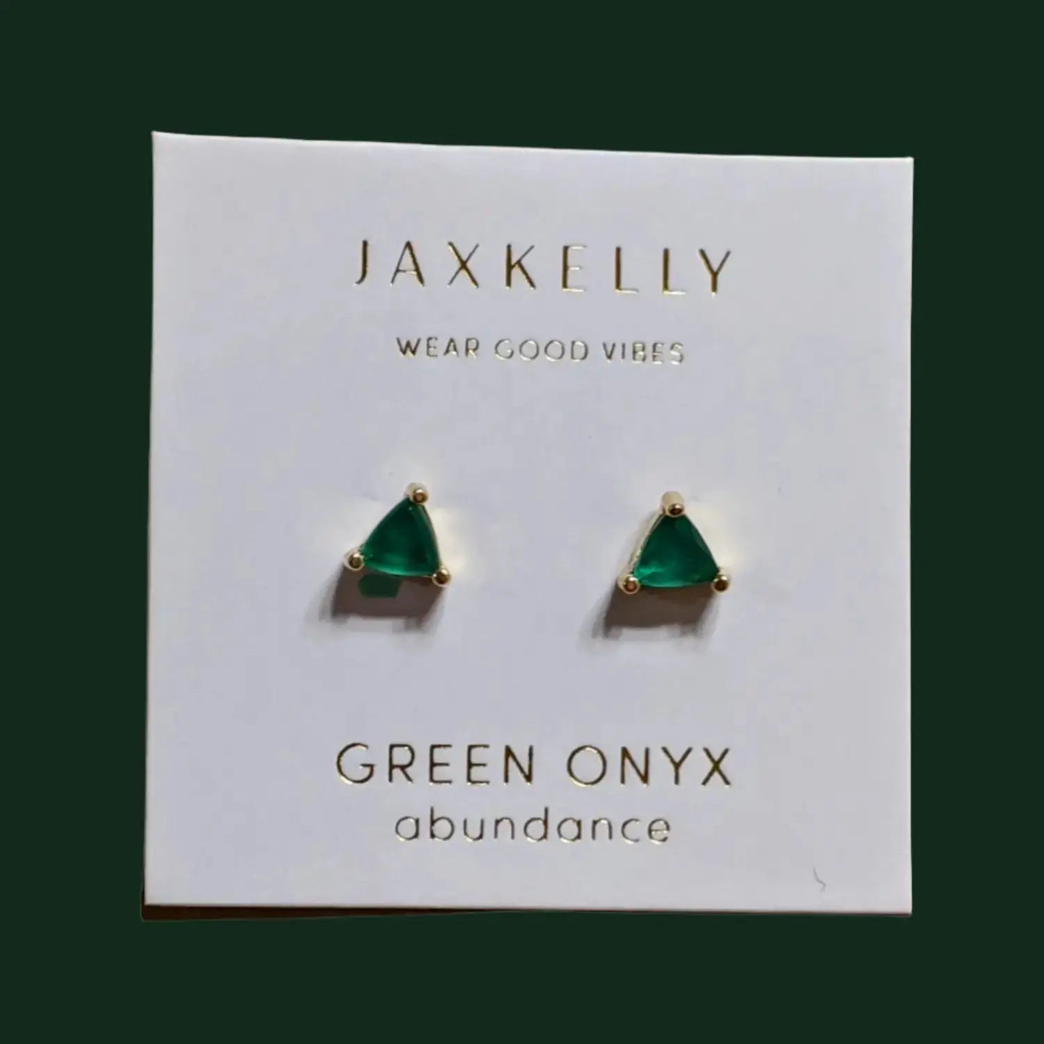 a pair of green onyx earrings on a JaxKelly jewelry card