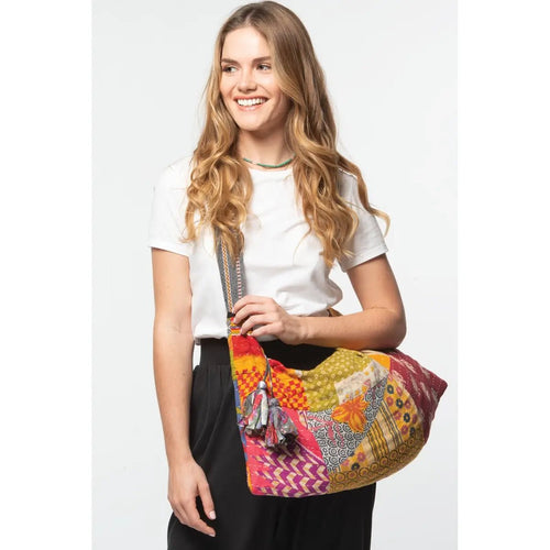 Kantha patchwork hobo crossbody bag, large colorful crossbody and shoulder bag featuring multicolored patchwork prints.