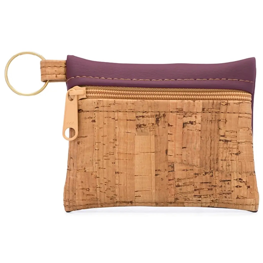 Tan Cork and Red Wine Color Vegan Leather Key Chain Pouch 