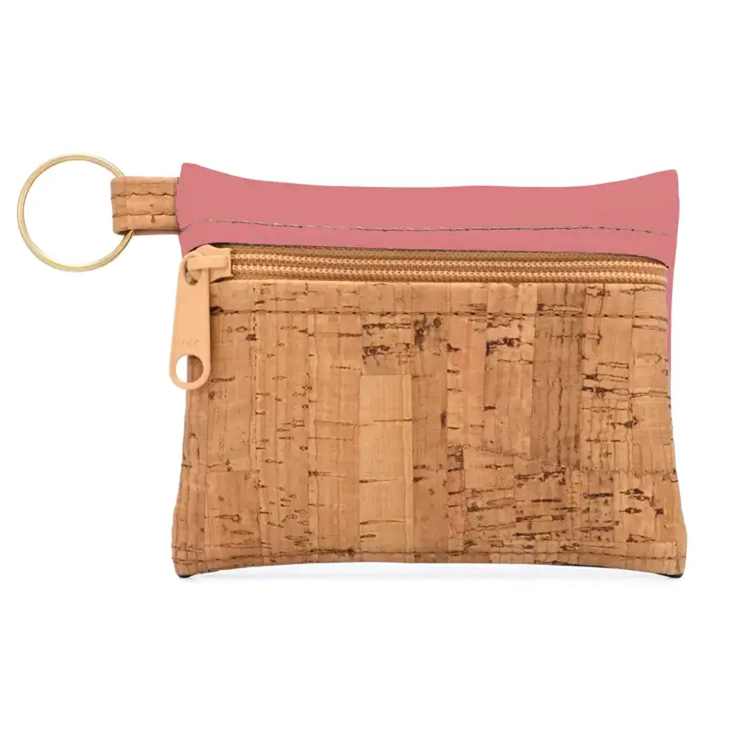 Keychain pouch in tan cork with pink dragonfruit color vegan leather trim.