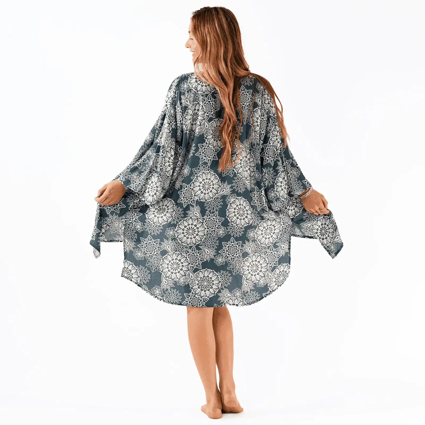 Corfu Teal and White Lace Print Kimono Swimsuit Cover Up - back view