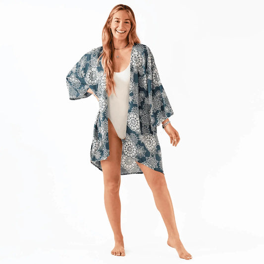 Corfu Teal and White Lace Print Kimono Swimsuit Cover Up