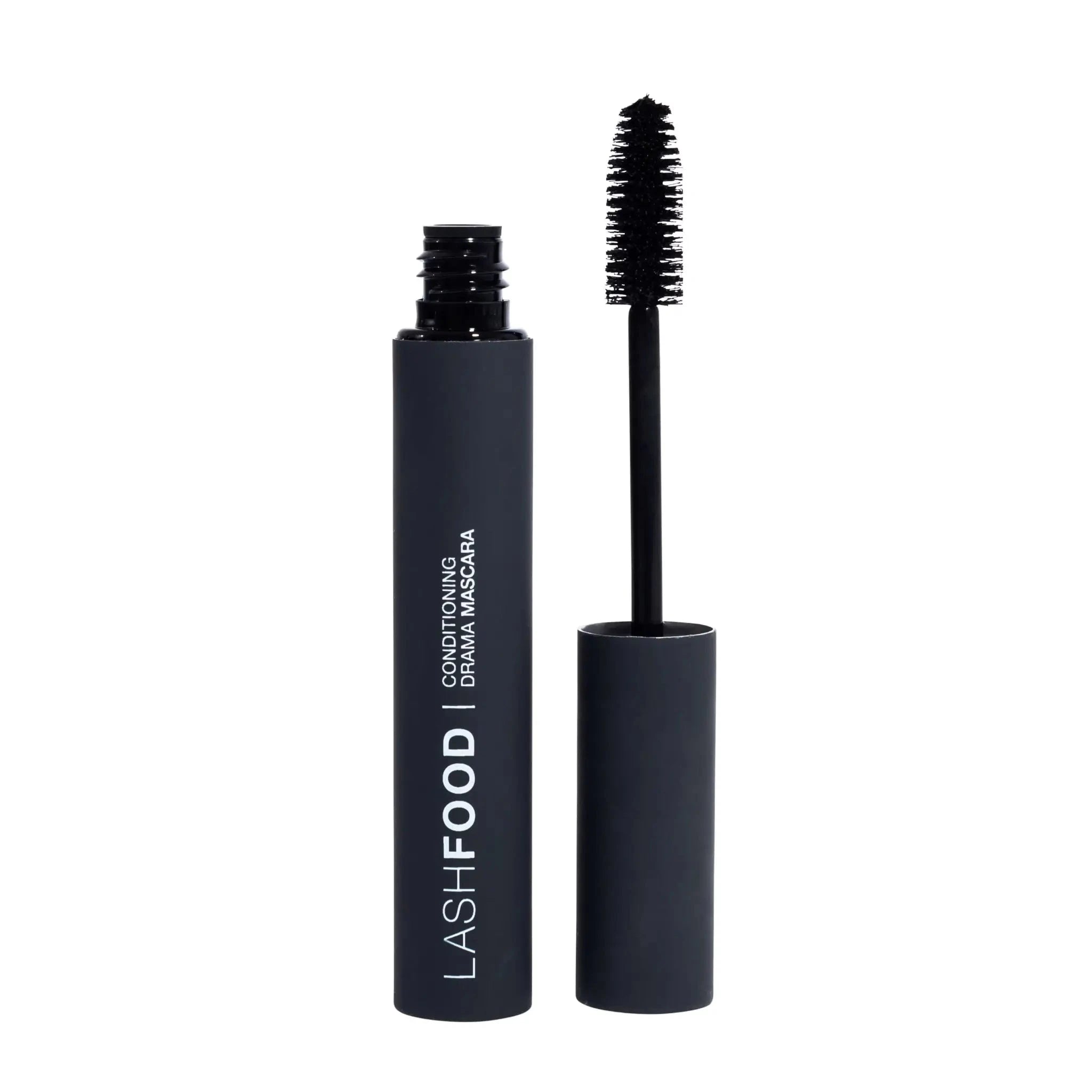 Lashfood Conditioning Drama Clean Mascara in black with wand applicator shown. Clean mascara for sensitive eyes offering volume, length, and dramatic lash definition.