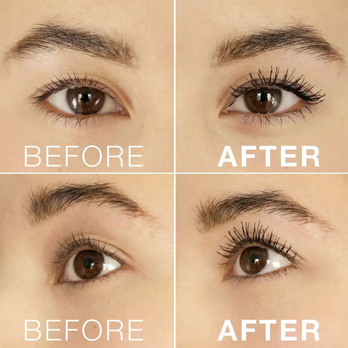Eyelashes shown before and after applying lashfood mascara