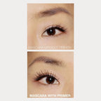 Lashfood Mascara applied to eyelashes shown with Lashfood conditioning Eyelash Primer and Without Eyelash Primer