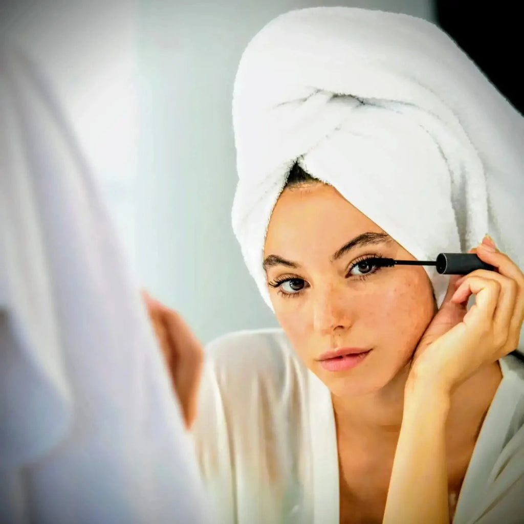 Woman applying lashfood mascara with a towel on her head, looking into a mirror.