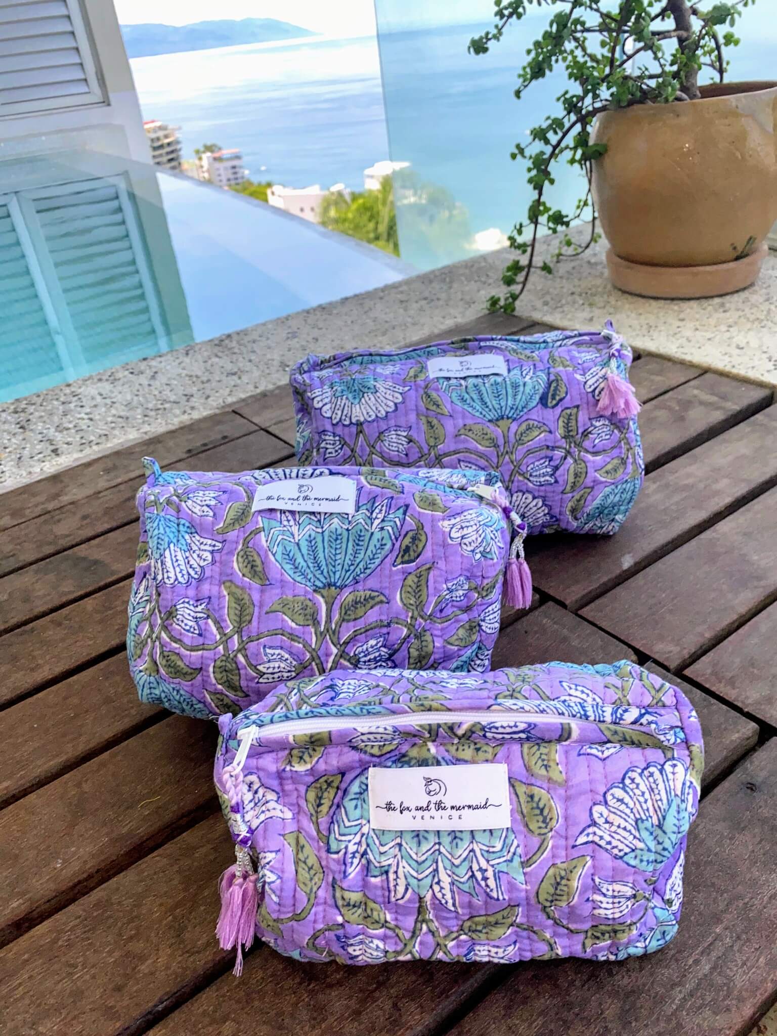 lavender floral toletry and cosmetic bags set of three