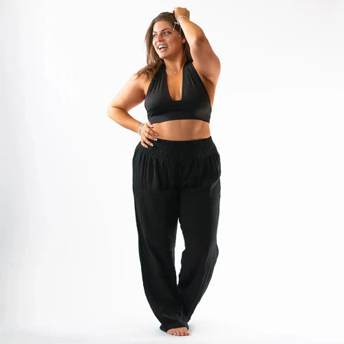Lightweight Black Cotton Wide Leg Beach and Lounge Pants